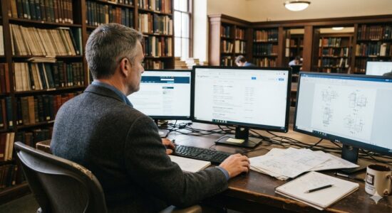 Created by AI with this prompt: Create an over the shoulder image of a middle aged man working at a computer with multiple screens showing patent search websites. The desk should have numerous design sketches, note pad, and pencil on it in addition to the keyboard. The background should be that of a densely stocked library.